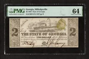 1864 年 $2 ジョージア州ミレッジビル、ジョージア州財務省紙幣 - PMG 64
