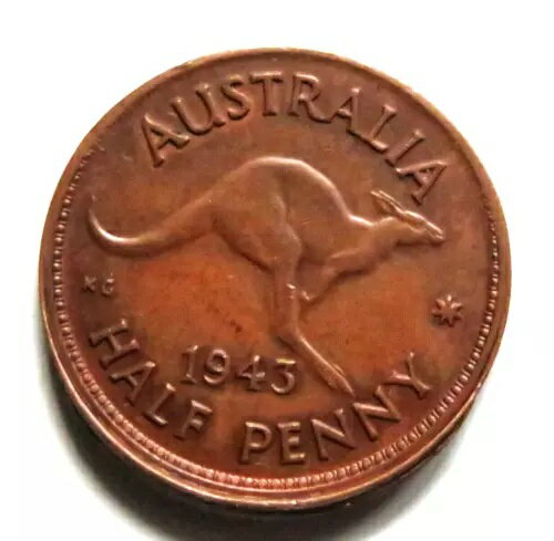 オーストラリア。 1943年ミストラックエラー半ペニー。基部の逆側に盛り上がったリップ.. EF