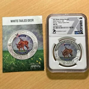 2022年 クック島 5ドル イリノイ州 オジロジカ 州立動物 NGC MS70 1オンス シルバー