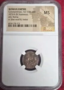 NGC MS AD 330-340 AE3/4 (BI Nummus) Obv: Roma Re: She Wolf & Twins