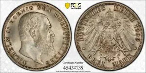 ドイツ、シルバー 3 マーク 1909-F ヴュルテンベルク王国 (LG) PCGS MS 63、レア