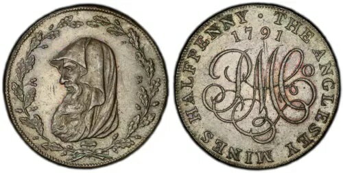 イギリス。ウェールズ、アングルシー島。 1791 CU ハーフペニー トークン。 PCGS MS62BN。 D&H 387