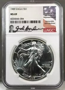 1989 $1 シルバー イーグル NGC MS69 ~ 第 53 代下院議員ジョン・ベイナー議長署名