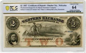1857 PMG64 $2 預金証書 - ネブラスカ州オマハ市 残りのウェスタン取引所