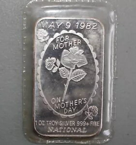 1982 1オンス 999 シルバー アート バー 母の日 1982 年 5 月 9 日 国家造幣局 クリア スリーブ