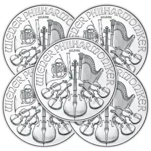 5 ロット - 2025 1.50 ユーロ シルバー オーストリア フィルハーモニー管弦楽団 1 オンス BU