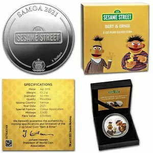 2021 サモア バートとアーニー セサミ ストリート限定 2 オンス .999 シルバー カラー コイン $5