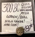 紀元前 300 年ギリシャの銀!ヘミ・ドラクマ・ゴーゴン/ミシア・ブル!高級ナイスコイン!エン