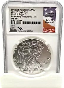 2021-P 1 オンス シルバー イーグル ヘラルディック T-1 - NGC MS70 - EP FDI - Mercanti Signed-Flag