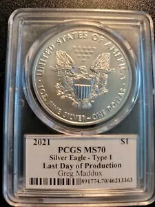 2021 $1 アメリカン シルバー イーグル タイプ 1 PCGS MS-70 発行最終日 グレッグ・マダックス
