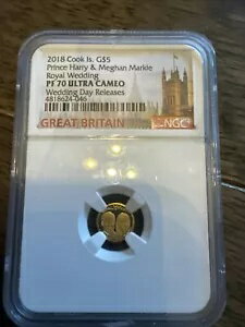 2018 NGC クック島。ゴールド $5 ロイヤル ウェディング プルーフ 70 アントラ カメオ +++++
