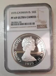 1975 ケイマン諸島、シルバー 5 ドル -- PF 69 ウルトラ カメオ、既知の最高級品