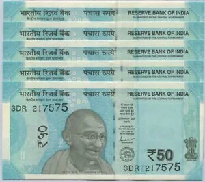 インド 50ルピー 2019 レター L P 111 UNC ロット 5 枚