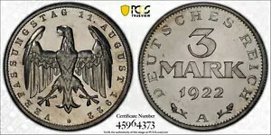1922-A 3 Mk 憲法 J-303 (証明) PCGS PR64 ドイツ ワイマール共和国 3 年目