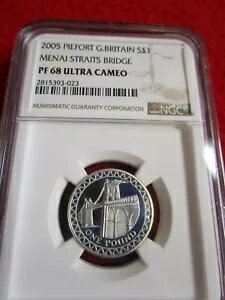 2005 年 イギリス 1 ポンド .925 シルバー プルーフ ピーフォート メナイ海峡 PCGS PR 68