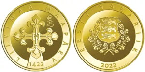 エストニア 2022 金貨 25 ユーロ 第 1 回リヴォニア国会の証拠