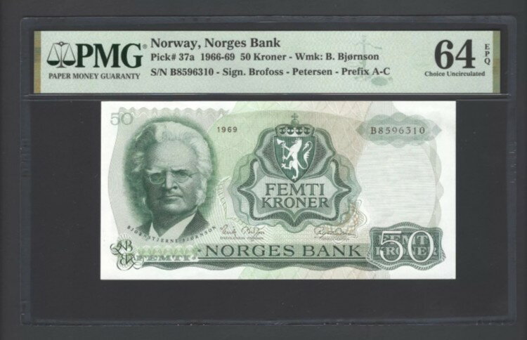 WORLD RESOURCE【KING店】のノルウェー 50クローネ 1969年 P37a 未使用 グレード64｜アングル3