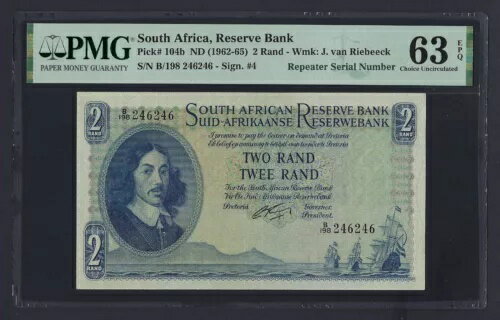 南アフリカ 2ランド ND(1962-65) P104b 「リピーター S/N 246246」 UNC グレード 63
