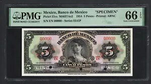 メキシコ 5ペソ 1954年 P57cs 見本 未使用 グレード66