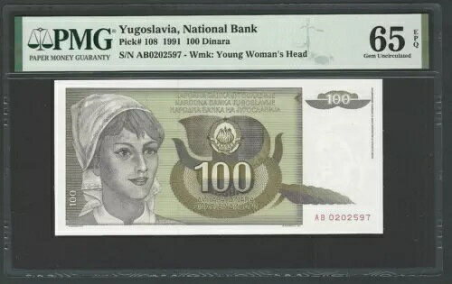 ユーゴスラビア 100ディナラ 1991年 P108 未使用 グレード65