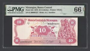 ニカラグア 10コルドバ 1979年 P134 「S/N 00000137」 未使用 グレード66