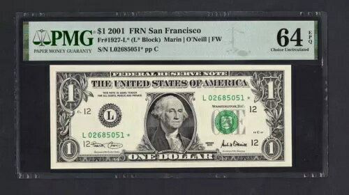 アメリカ連邦貯蓄1ドル 2001年 Fr#1927-L* (L* ブロック) UNC グレード 64