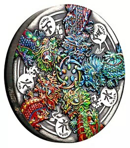 2024 DRAGON & THE FIVE ELEMENTS 5oz $5 シルバーカラー ハイレリーフ アンティークコイン