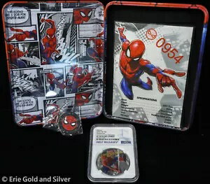 2022 フィジー マーベル スパイダーマン 1 オンス シルバー コイン & ピン セット OGP NGC PR 70 UC