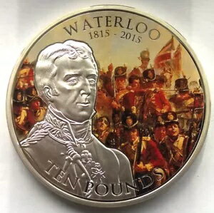 ガーンジー島 2015 バトル ウォータールー 10 ポンド 5 オンス カラー シルバー コイン、プルーフ