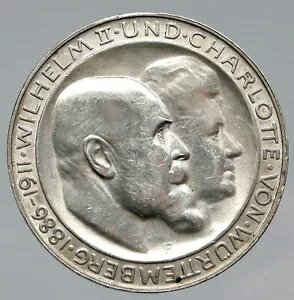 1911 F ヴュルテンベルク王国 ドイツ ヴィルヘルム 2 世 ウェディング シルバー 3 マーク コイン i91450