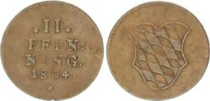バイエルン選帝侯領 2 フェニヒ 1804 年 マクシミリアン 4 世ジョセフ (1799-1805)