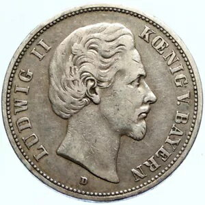 1875 バイエルン王国 ドイツ国王ルートヴィヒ 2 世 オールド シルバー 5 マルク コイン i97363