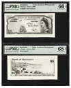 バルバドス 2 枚 $5 前面と背面のアーカイブ写真 1968 GEM UNC PMG 66 & 65 EPQ