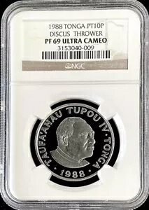 1988 プラチナ トンガ 10 パアンガ コイン 円盤投げ オリンピック NGC プルーフ 69 UC