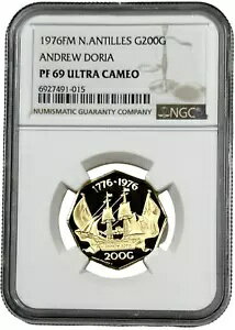 1976 FM オランダ領アンティル ゴールド 200 グルデン アンドリュー ドリア 0.23 オンス コイン NGC PF..