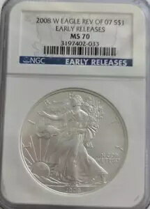 2008-W $1 1 オンス バーニッシュド アメリカン シルバー イーグル 2007 年改訂版 NGC MS70