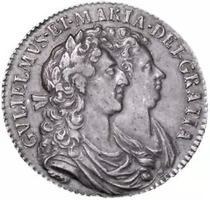 1689年 ウィリアム王とメアリー女王 ハーフクラウン、ファーストシールド、カウルのみつや消し