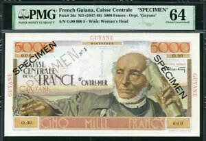 フランス領ギアナ 1947-1949、5000 フラン、P26、標本、PMG 64 UNC