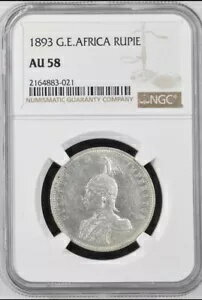ドイツ領東アフリカ。ルピー、1893年、ベルリン造幣局。ヴィルヘルム2世。 NGC AU58。レア！！