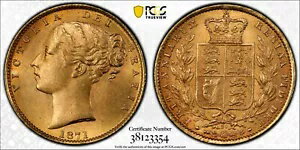 イギリス、1871 年ビクトリア州 1871 ソブリン。 PCGS MS 63. 8,767,000 ミント(3)
