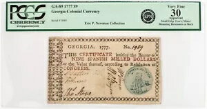 神父様GA-89、1777 年 $9 ジョージア植民地通貨、「正義」、PCGS 30 と思われる