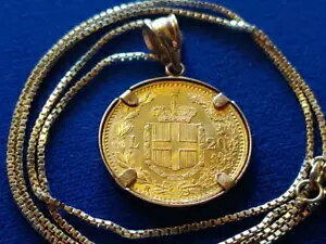 1882 ロマンチック イタリア ゴールド コイン ペンダント & 18 インチ 14K ゴールド チェーン COA 付き & ボックス 22mm