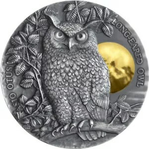 2019 2 オンス シルバー $5 ニウエ LONG EARED OWL Asio Otus アンティーク仕上げコイン。
