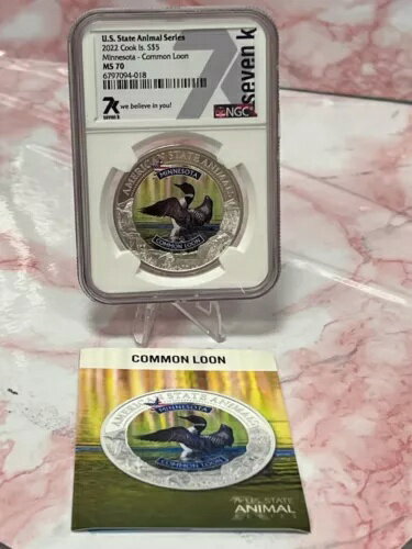 2022年クック島。シルバー5ドル。アメリカの動物シリーズ。ミネソタ・アビ。 NGC MS 70
