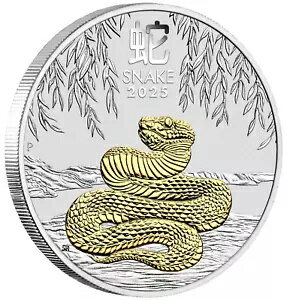 2025 オーストラリア旧暦 蛇年 金メッキ 1 オンス シルバー $1 コイン OGP/BOX 金メッキ付き(3)