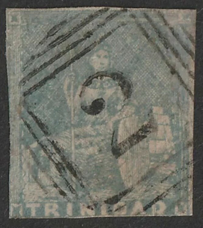 トリニダード 1852年 ブリタニア（1ペンス）緑青、リトグラフ第2刷。SGカタログ価格 1200ポンド