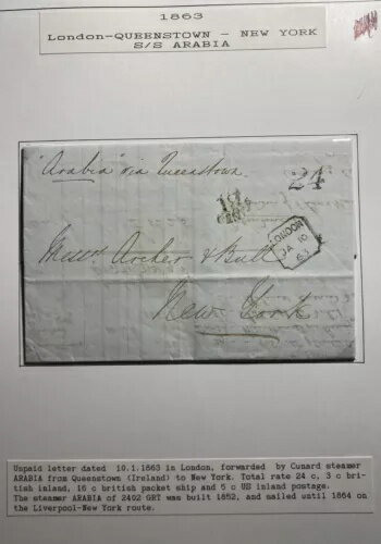 1863年 イギリス・ロンドン発、SSアラビア経由アメリカ・ニューヨーク行きの手紙シートカバー