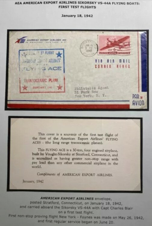1942年 ストラットフォード コネチカット州 米国初のテスト飛行 ニューヨークへの航空便カバー アメリ..