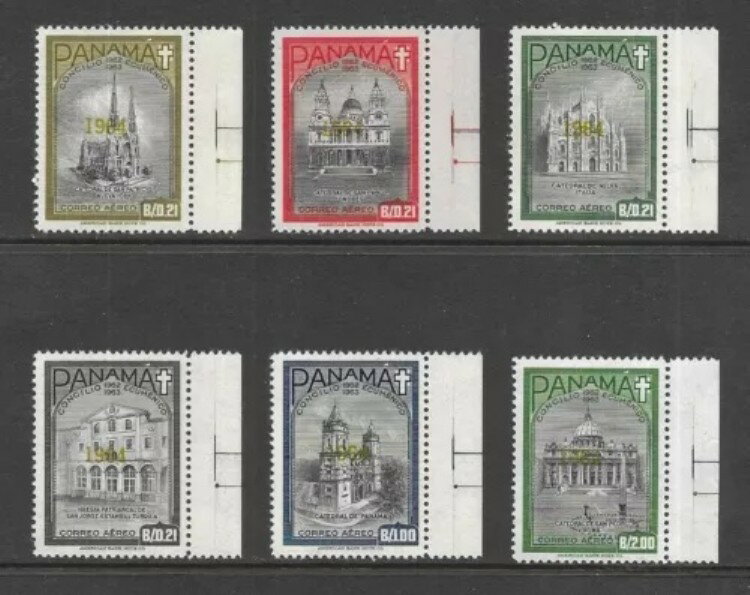 パナマ コンプリート スタンプ セット スコット #C329C-C329H 余白あり MNH 1964 オリーブ オーバープリント