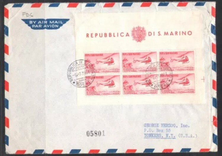 1961年サンマリノ航空便シート1,000リラのヘリコプター、夏用